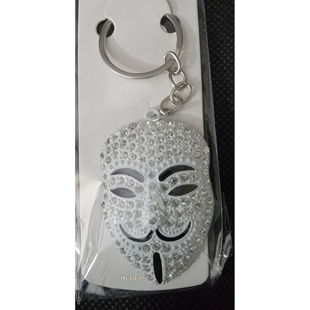 Mint Anonymous Guy Fawkes Mask Keychain White Rhinestone V for Vendetta Crystal